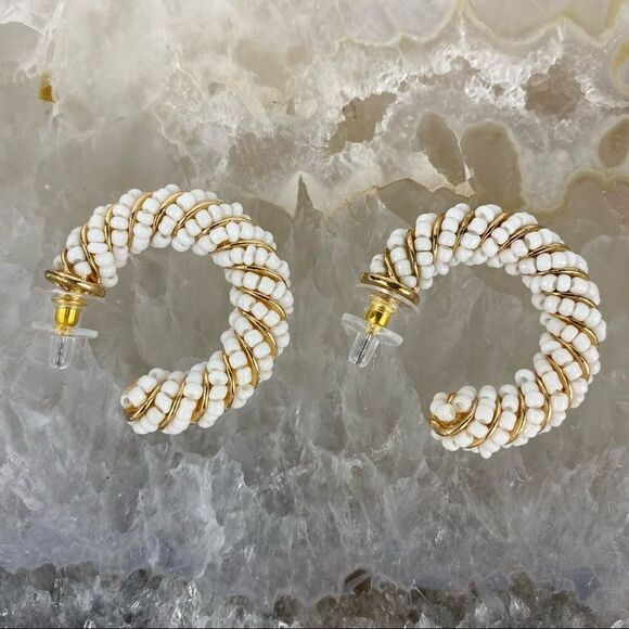 NWT Beaded White and Gold Hoops - Picture 5 of 8